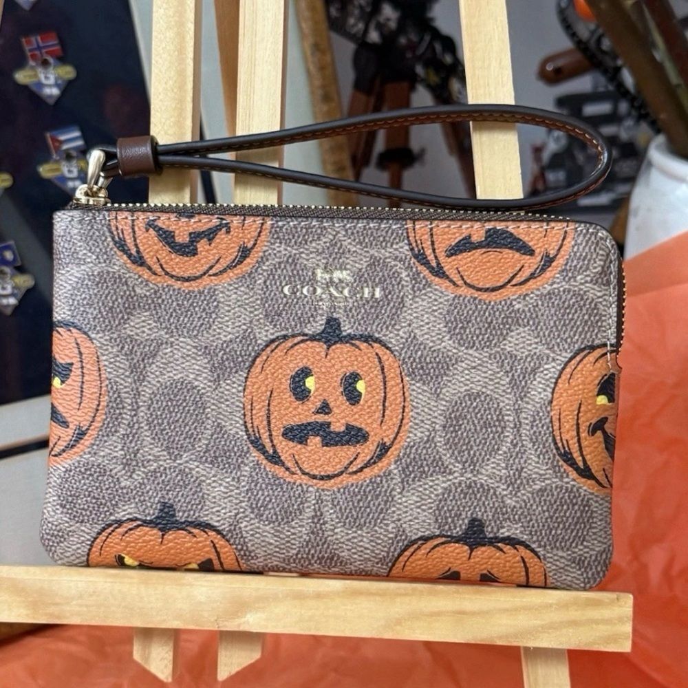 Coach Corner Zip Wristlet In Signature Canvas With Halloween Print
